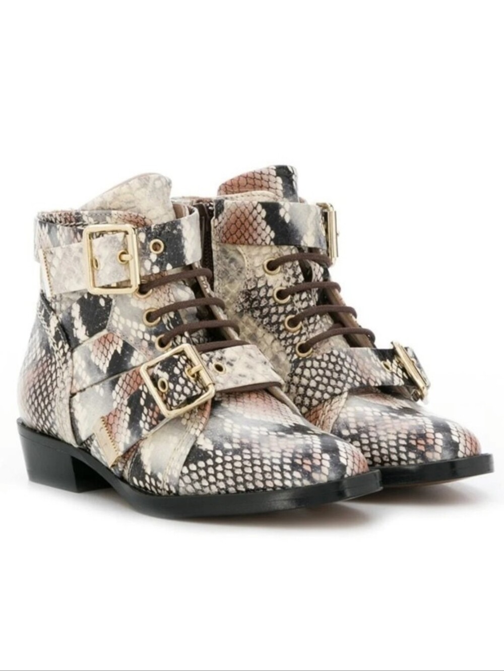 CHLOE kids all leather snake print buckles laced up ankle boots
